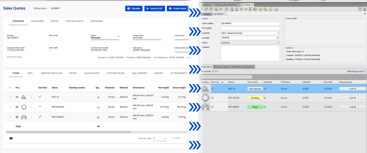 OmniFab Sales Quotes: a quote handed over to order management in OmniWin